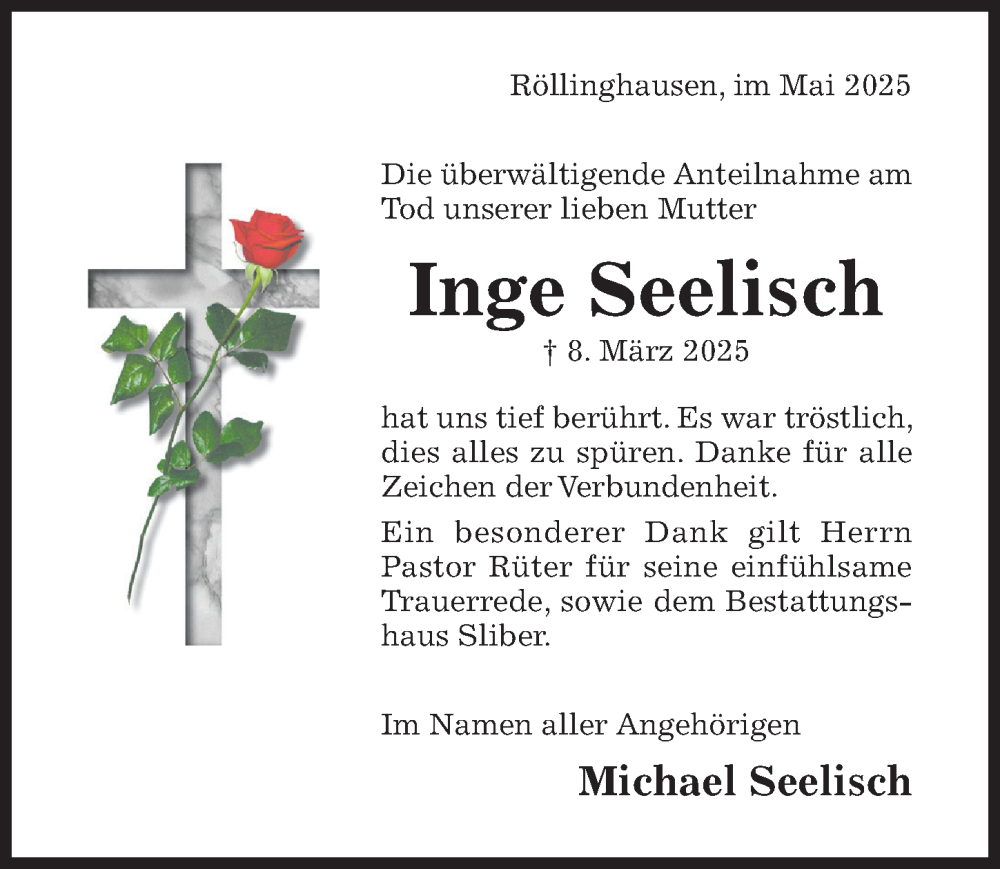  Traueranzeige für Inge Seelisch vom 03.05.2025 aus Hildesheimer Allgemeine Zeitung