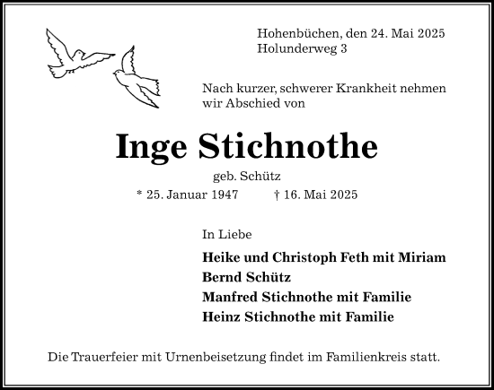 Traueranzeige von Inge Stichnothe von Hildesheimer Allgemeine Zeitung