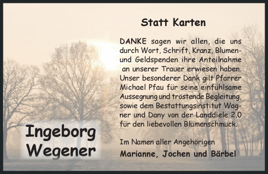 Traueranzeige von Ingeborg Wegener von Hildesheimer Allgemeine Zeitung