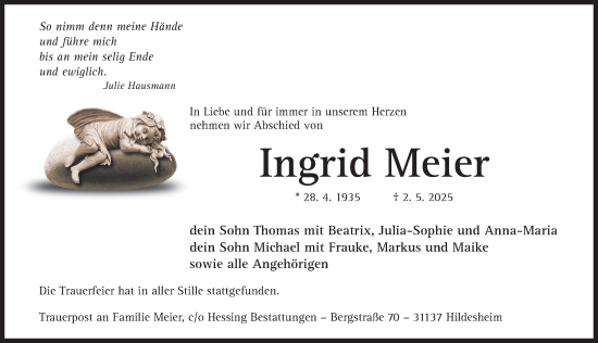 Traueranzeige von Ingrid Meier von Hildesheimer Allgemeine Zeitung