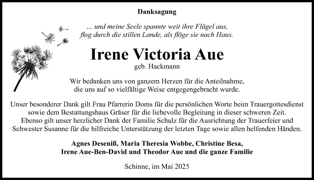  Traueranzeige für Irene Victoria Aue vom 30.05.2025 aus Hildesheimer Allgemeine Zeitung