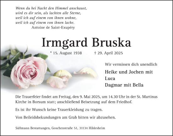 Traueranzeige von Irmgard Bruska von Hildesheimer Allgemeine Zeitung