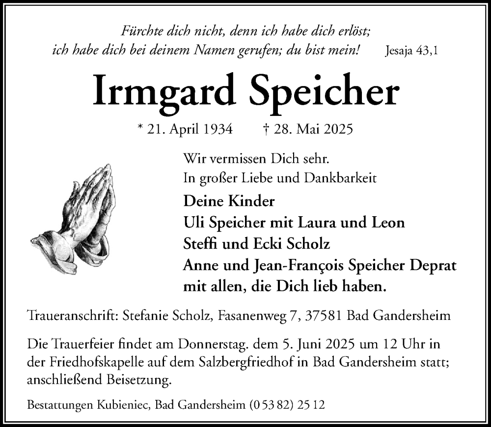  Traueranzeige für Irmgard Speicher vom 31.05.2025 aus Hildesheimer Allgemeine Zeitung