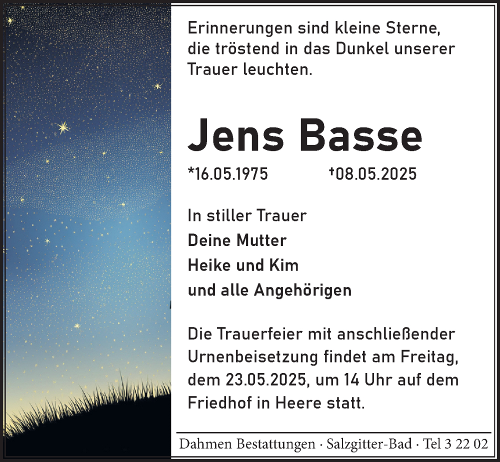  Traueranzeige für Jens Basse vom 15.05.2025 aus Hildesheimer Allgemeine Zeitung