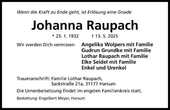 Traueranzeige von Johanna Raupach von Hildesheimer Allgemeine Zeitung