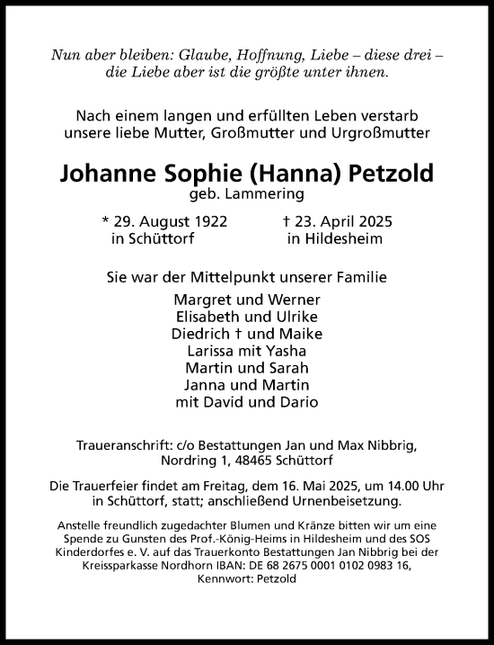 Traueranzeige von Johanne Sophie Petzold von Hildesheimer Allgemeine Zeitung