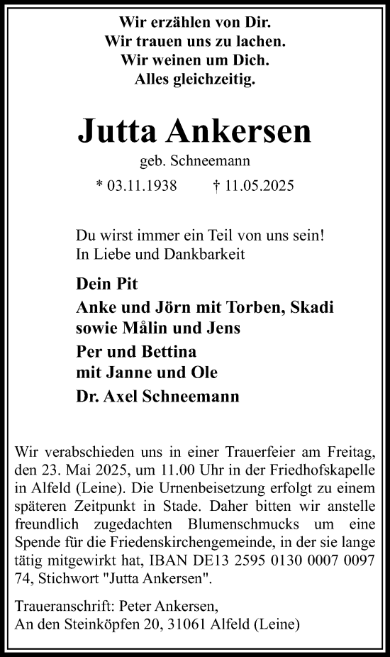 Traueranzeige von Jutta Ankersen von Hildesheimer Allgemeine Zeitung