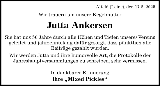 Traueranzeige von Jutta Ankersen von Hildesheimer Allgemeine Zeitung