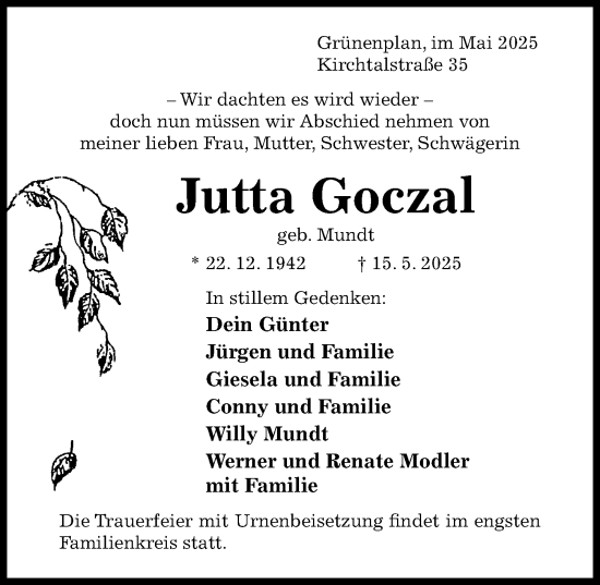 Traueranzeige von Jutta Goczal von Hildesheimer Allgemeine Zeitung