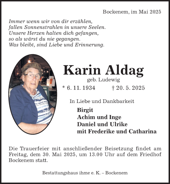Traueranzeige von Karin Aldag von Hildesheimer Allgemeine Zeitung