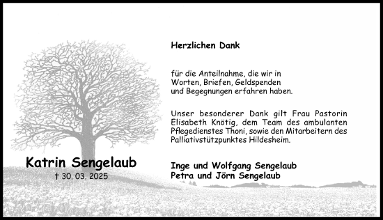Traueranzeige von Katrin Sengelaub von Hildesheimer Allgemeine Zeitung
