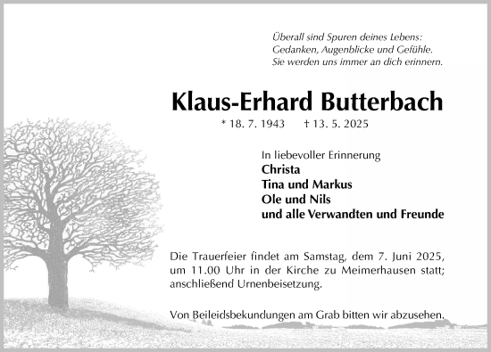 Traueranzeige von Klaus-Erhard Butterbach von Hildesheimer Allgemeine Zeitung