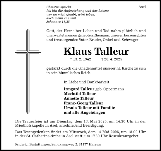 Traueranzeige von Klaus Talleur von Hildesheimer Allgemeine Zeitung