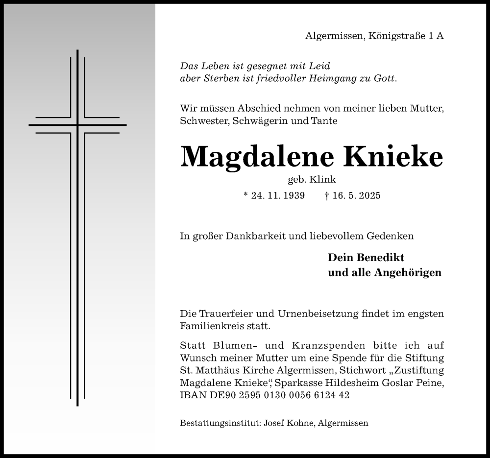  Traueranzeige für Magdalene Knieke vom 28.05.2025 aus Hildesheimer Allgemeine Zeitung