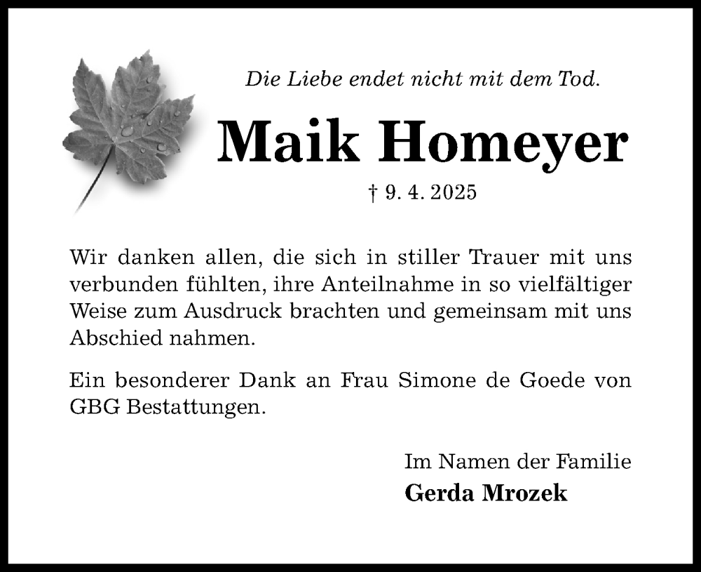  Traueranzeige für Maik Homeyer vom 31.05.2025 aus Hildesheimer Allgemeine Zeitung