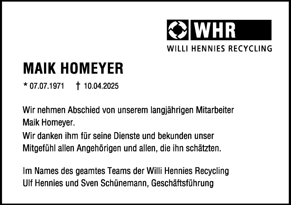  Traueranzeige für Maik Homeyer vom 03.05.2025 aus Hildesheimer Allgemeine Zeitung