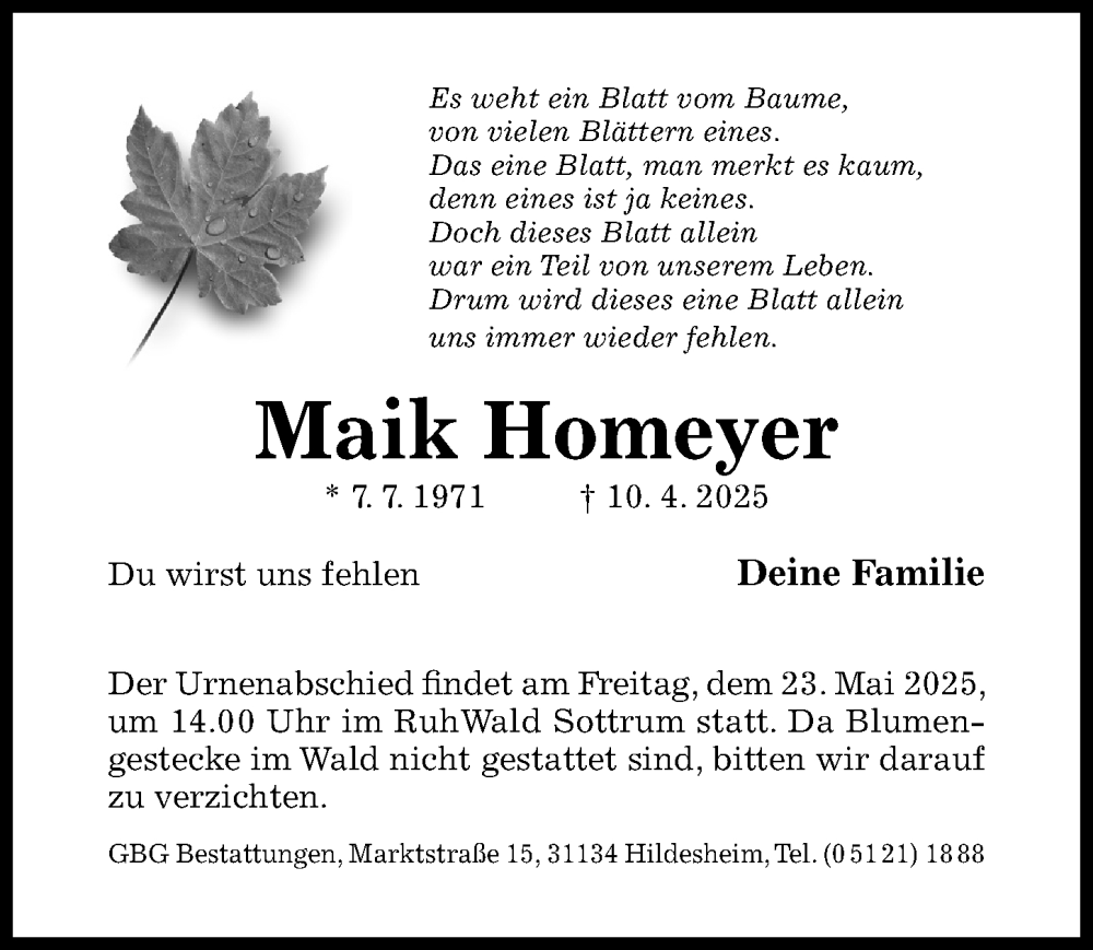  Traueranzeige für Maik Homeyer vom 03.05.2025 aus Hildesheimer Allgemeine Zeitung