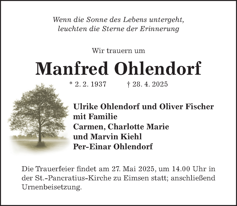  Traueranzeige für Manfred Ohlendorf vom 24.05.2025 aus Hildesheimer Allgemeine Zeitung