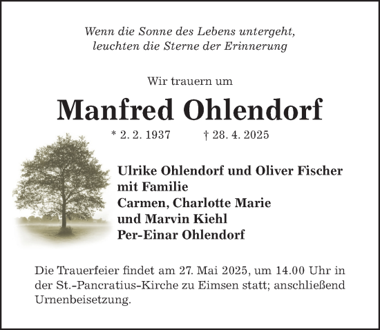 Traueranzeige von Manfred Ohlendorf von Hildesheimer Allgemeine Zeitung