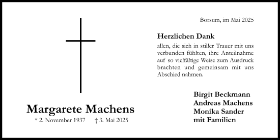 Traueranzeige von Margarete Machens von Hildesheimer Allgemeine Zeitung