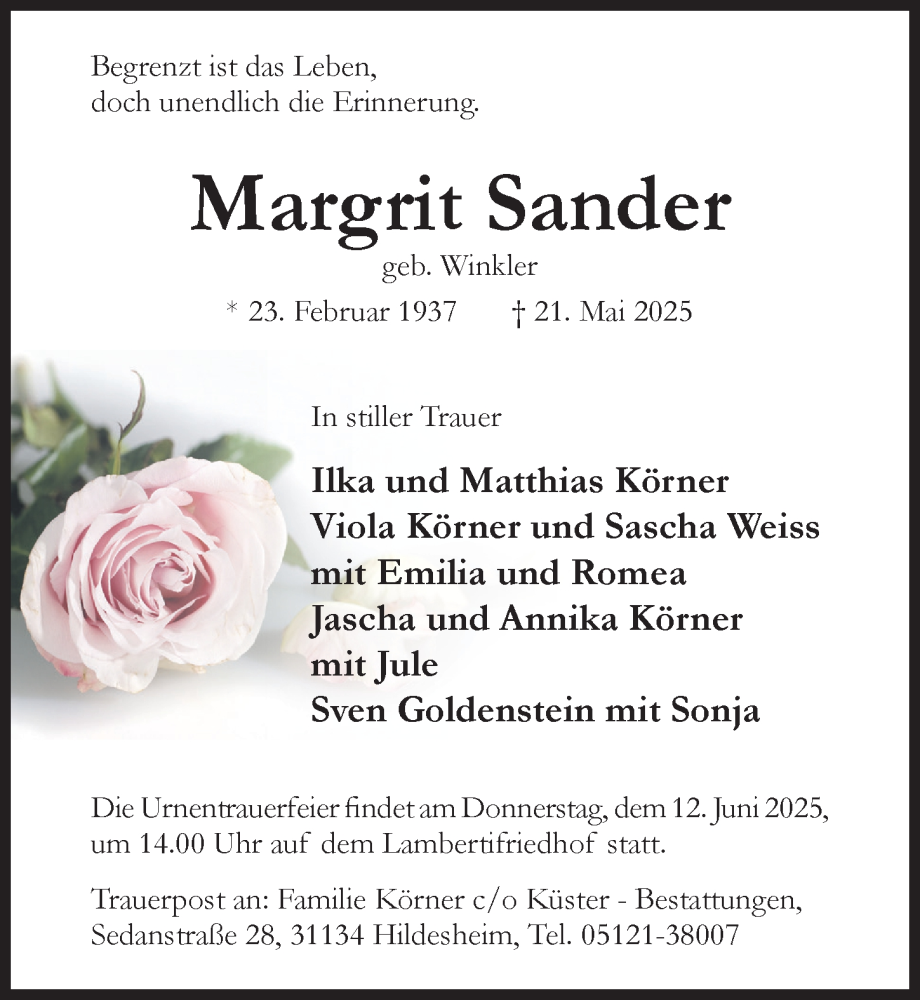  Traueranzeige für Margrit Sander vom 28.05.2025 aus Hildesheimer Allgemeine Zeitung