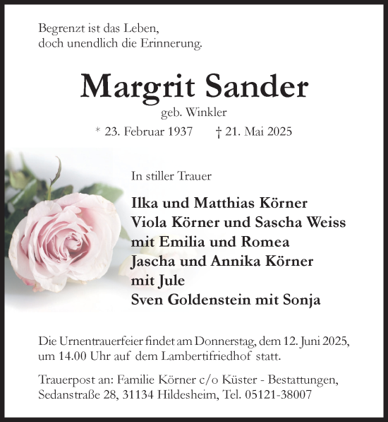 Traueranzeige von Margrit Sander von Hildesheimer Allgemeine Zeitung