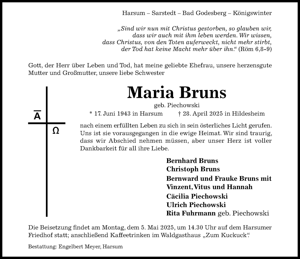  Traueranzeige für Maria Bruns vom 03.05.2025 aus Hildesheimer Allgemeine Zeitung