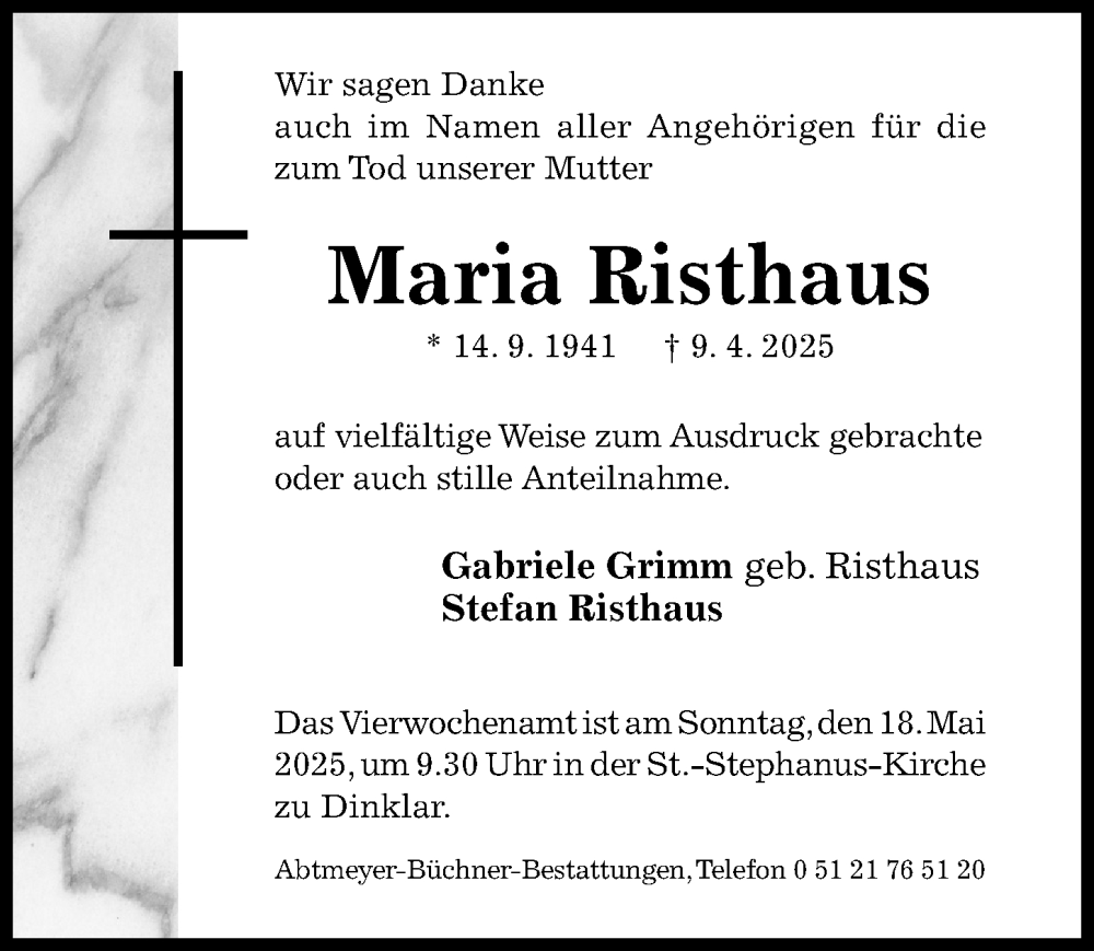  Traueranzeige für Maria Risthaus vom 14.05.2025 aus Hildesheimer Allgemeine Zeitung