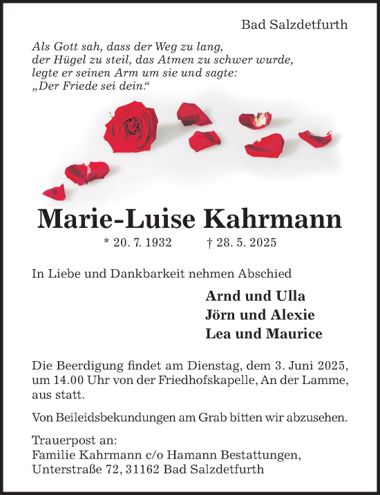 Traueranzeige von Marie-Luise Kahrmann von Hildesheimer Allgemeine Zeitung