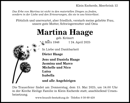 Traueranzeige von Martina Haage von Hildesheimer Allgemeine Zeitung