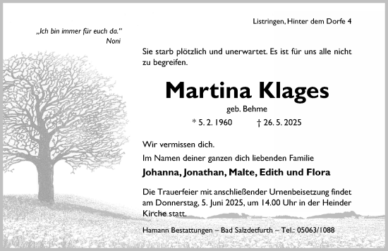 Traueranzeige von Martina Klages von Hildesheimer Allgemeine Zeitung