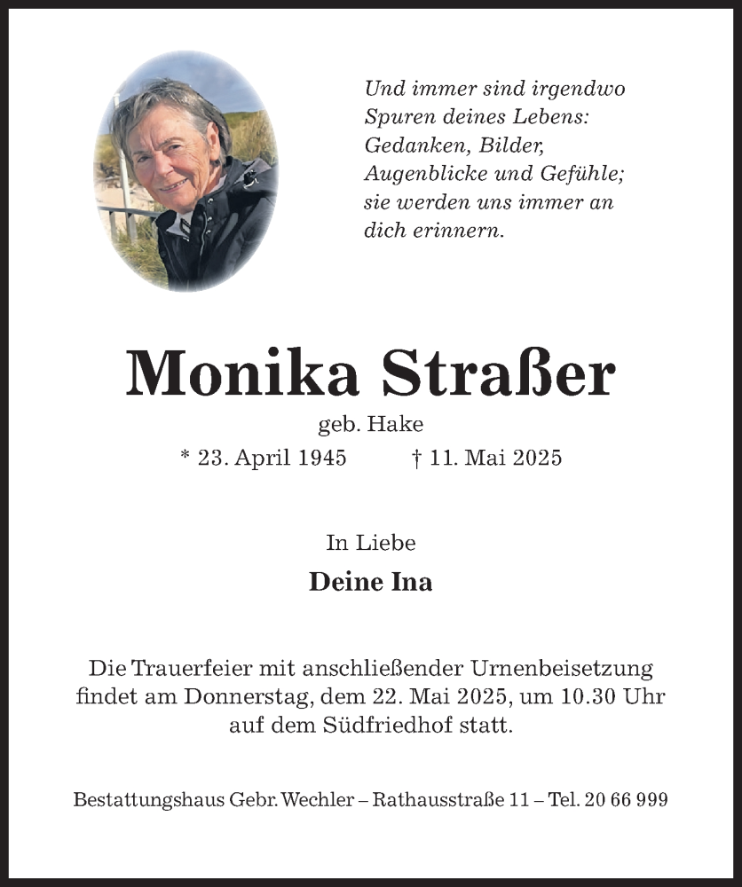  Traueranzeige für Monika Straßer vom 17.05.2025 aus Hildesheimer Allgemeine Zeitung
