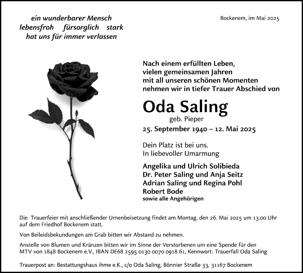  Traueranzeige für Oda Saling vom 17.05.2025 aus Hildesheimer Allgemeine Zeitung