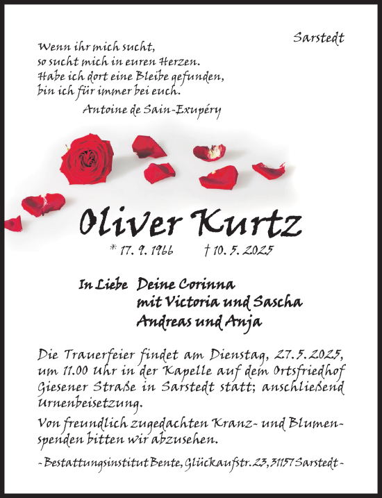 Traueranzeige von Oliver Kurtz von Hildesheimer Allgemeine Zeitung