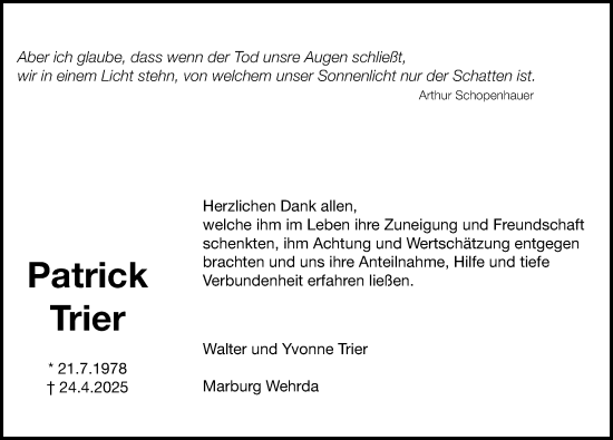 Traueranzeige von Patrick Trier von Hildesheimer Allgemeine Zeitung