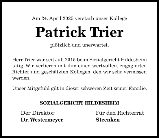 Traueranzeige von Patrick Trier von Hildesheimer Allgemeine Zeitung
