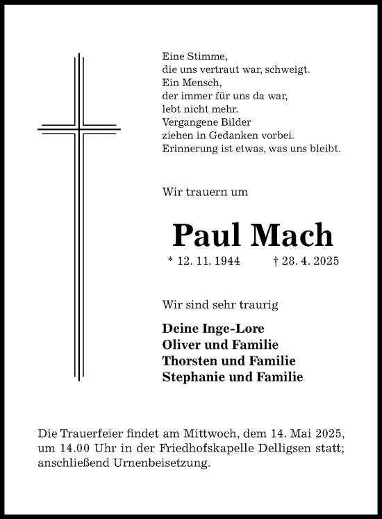 Traueranzeige von Paul Mach von Hildesheimer Allgemeine Zeitung