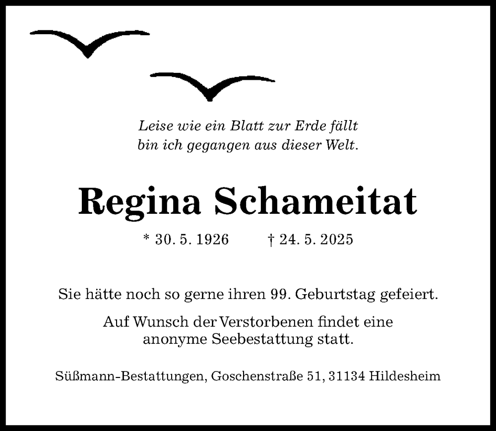 Traueranzeige für Regina Schameitat vom 31.05.2025 aus Hildesheimer Allgemeine Zeitung
