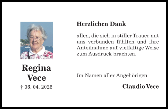 Traueranzeige von Regina Vece von Hildesheimer Allgemeine Zeitung