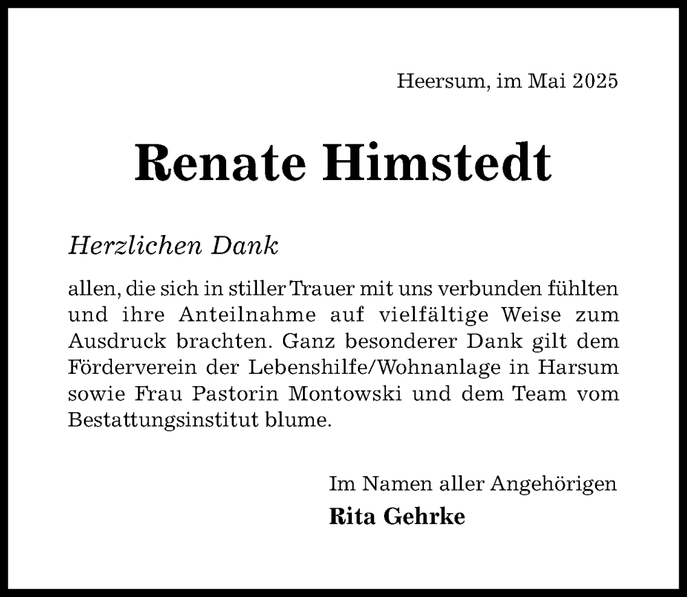  Traueranzeige für Renate Himstedt vom 21.05.2025 aus Hildesheimer Allgemeine Zeitung