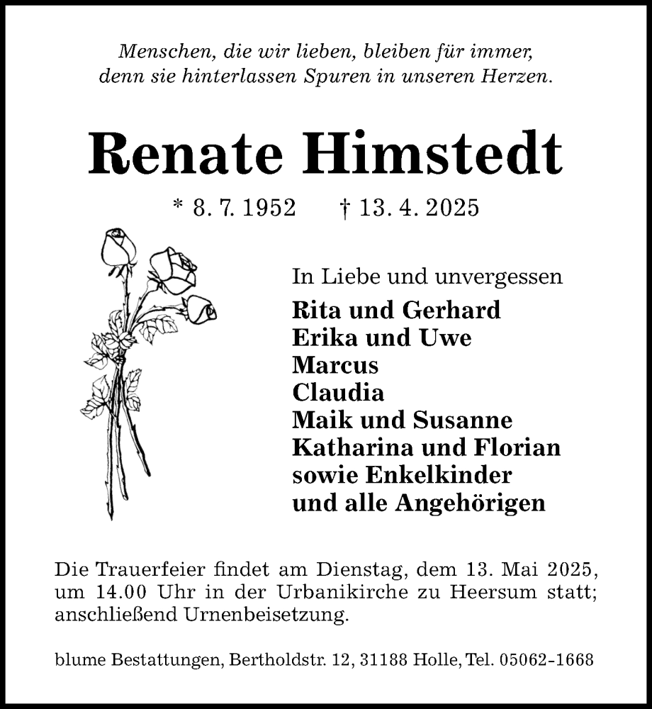  Traueranzeige für Renate Himstedt vom 07.05.2025 aus Hildesheimer Allgemeine Zeitung