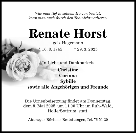 Traueranzeige von Renate Horst von Hildesheimer Allgemeine Zeitung