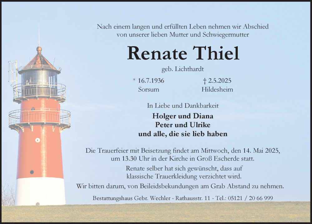  Traueranzeige für Renate Thiel vom 07.05.2025 aus Hildesheimer Allgemeine Zeitung