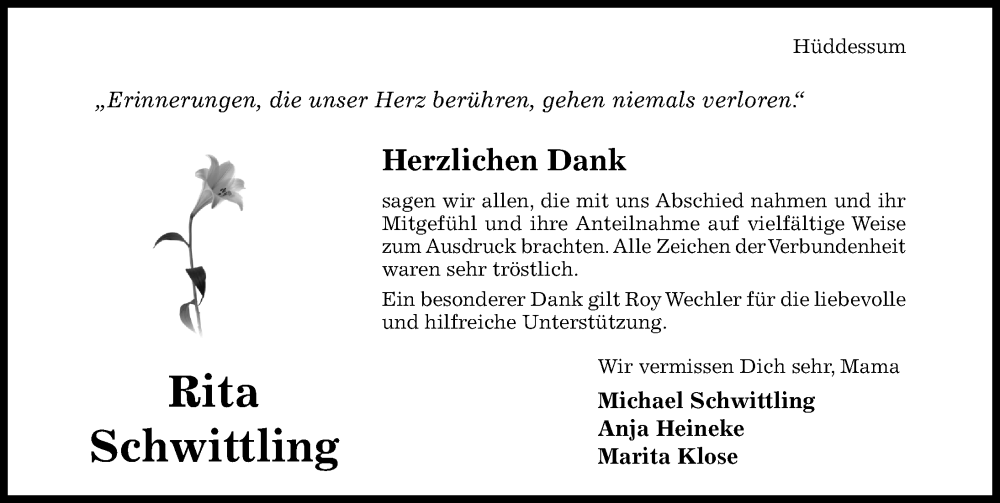  Traueranzeige für Rita Schwittling vom 10.05.2025 aus Hildesheimer Allgemeine Zeitung