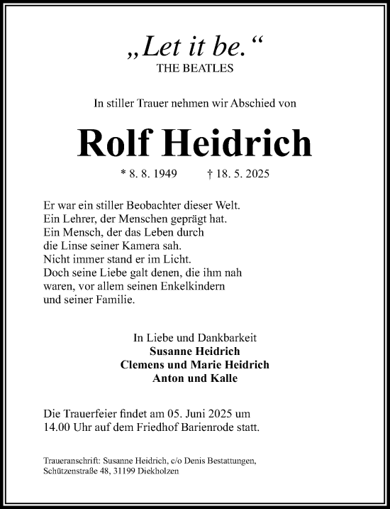 Traueranzeige von Rolf Heidrich von Hildesheimer Allgemeine Zeitung