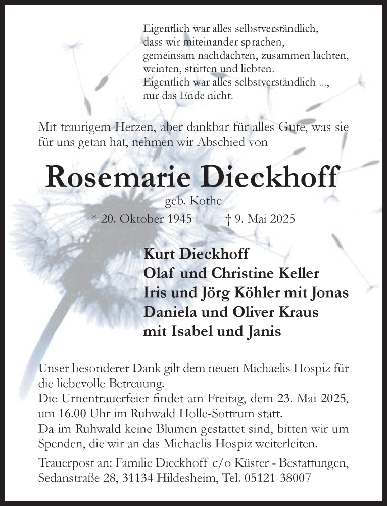  Traueranzeige für Rosemarie Dieckhoff vom 14.05.2025 aus Hildesheimer Allgemeine Zeitung