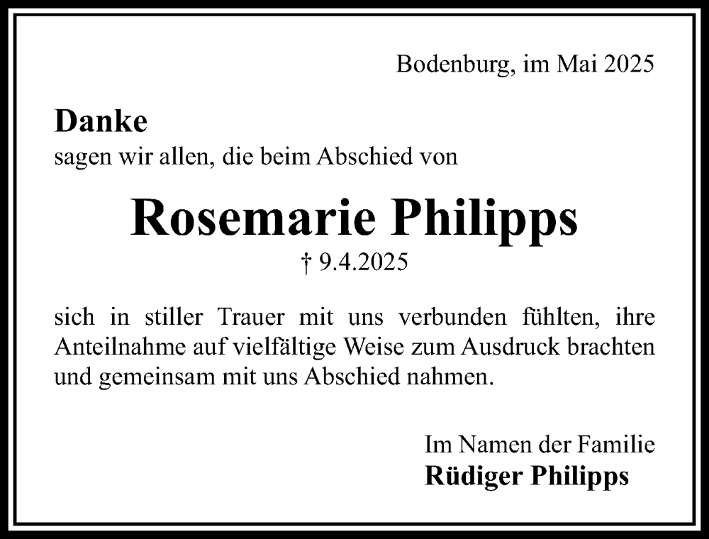  Traueranzeige für Rosemarie Philipps vom 07.05.2025 aus Hildesheimer Allgemeine Zeitung