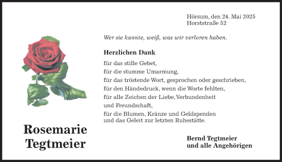 Traueranzeige von Rosemarie Tegtmeier von Hildesheimer Allgemeine Zeitung