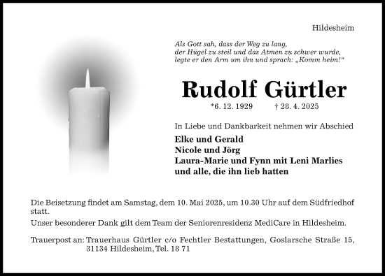 Traueranzeige von Rudolf Gürtler von Hildesheimer Allgemeine Zeitung