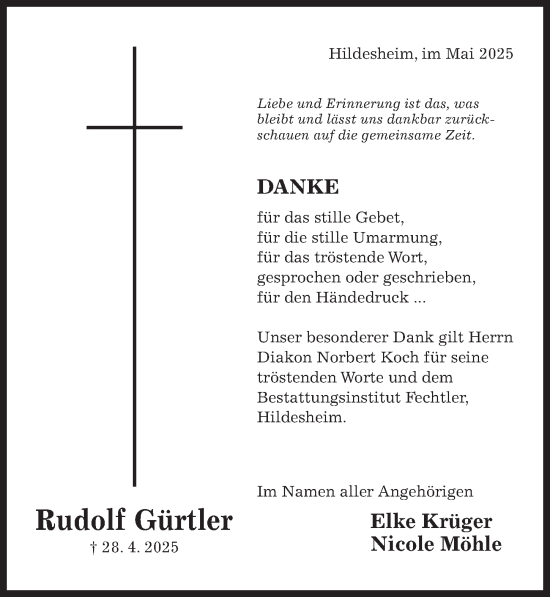 Traueranzeige von Rudolf Gürtler von Hildesheimer Allgemeine Zeitung
